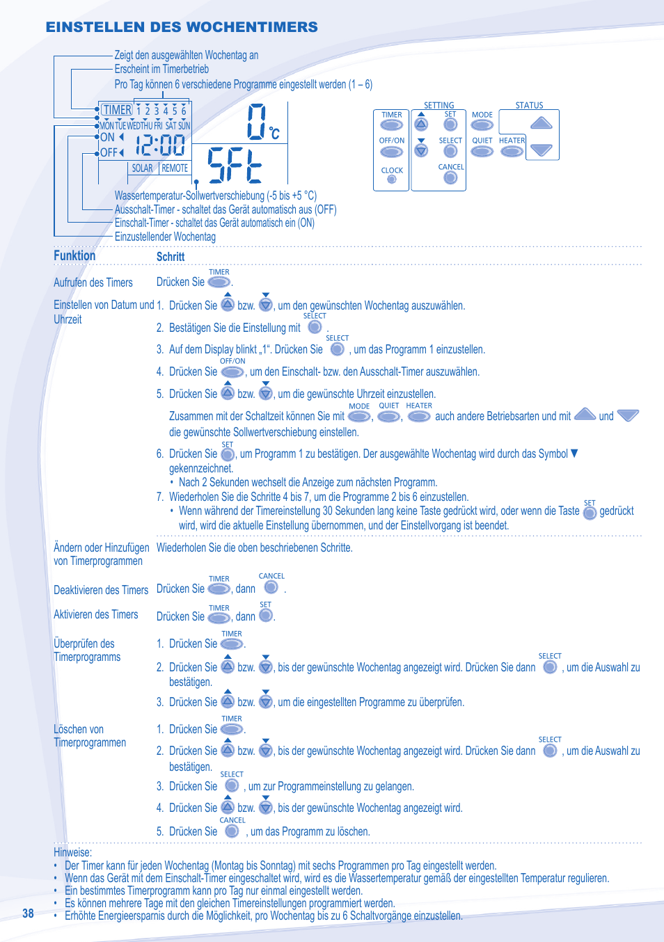 Funktion, Einstellen des wochentimers | Panasonic WHSXC12D6E51 User Manual | Page 38 / 92