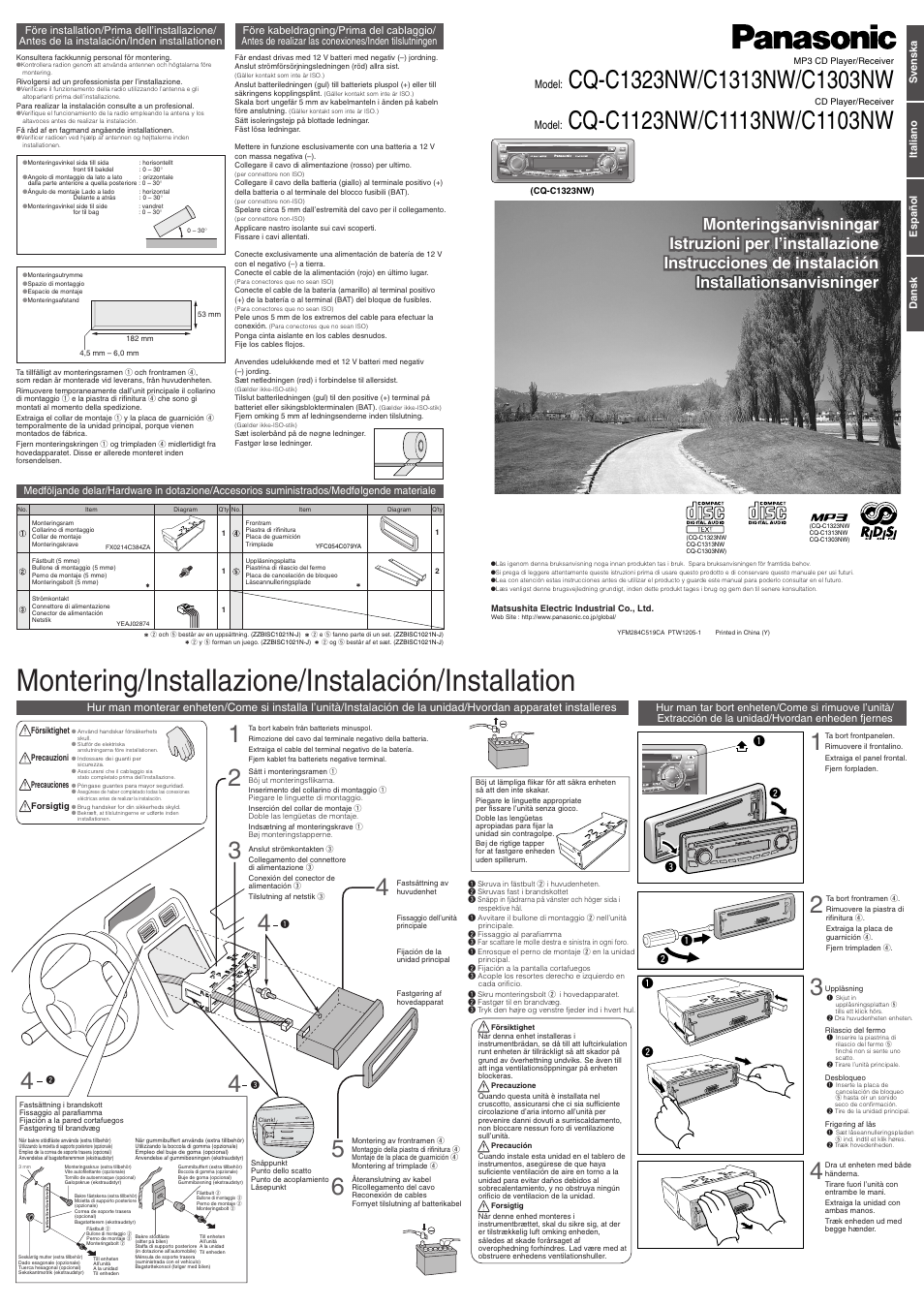 Montering/installazione/instalación/installation, Qw q w q, Model | Panasonic CQC1303NW User Manual | Page 3 / 6