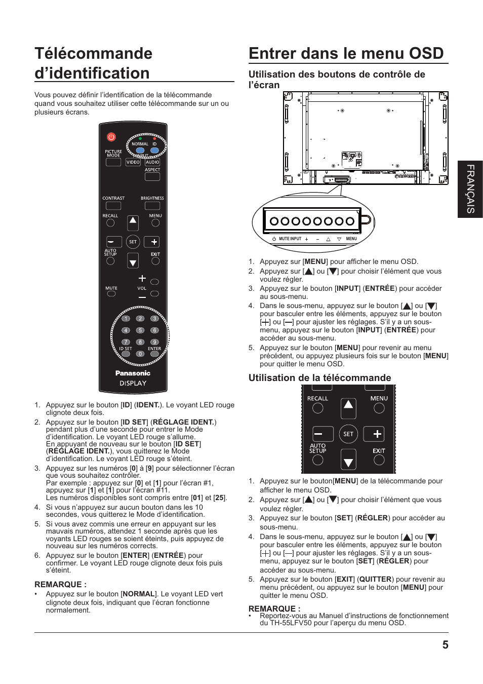 Télécommande, D’identification, Remarque | Entrer dans le menu osd, Télécommande d’identification, Utilisation des boutons de contrôle de l’écran, Utilisation de la télécommande | Panasonic TYRM50VW User Manual | Page 23 / 72