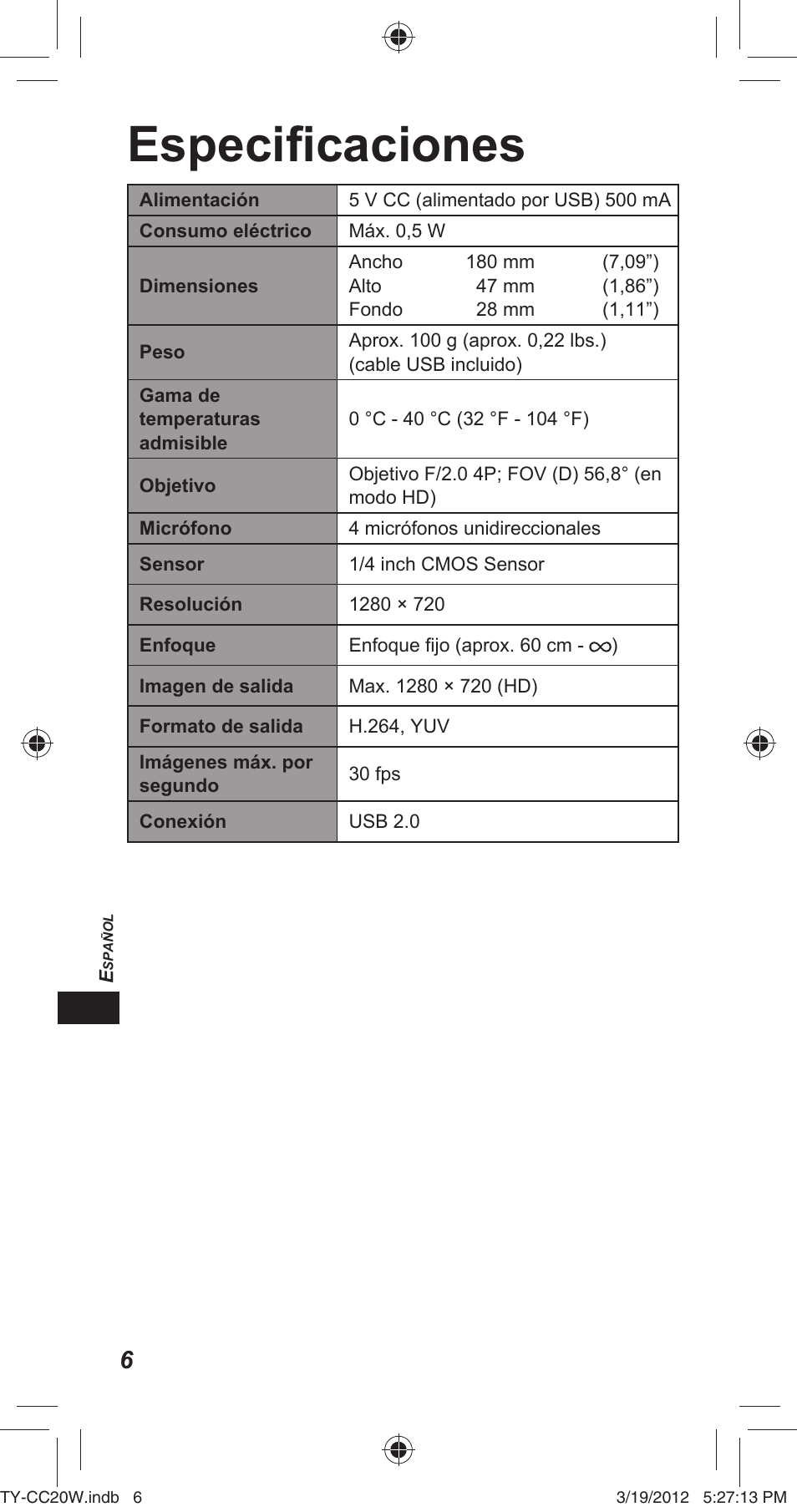 Especifi caciones | Panasonic TYCC20W User Manual | Page 114 / 188