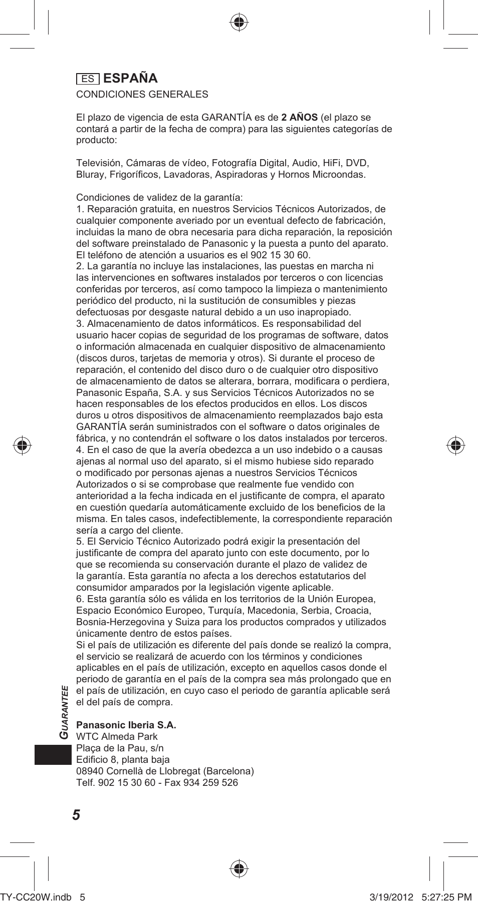 España | Panasonic TYCC20W User Manual | Page 152 / 188