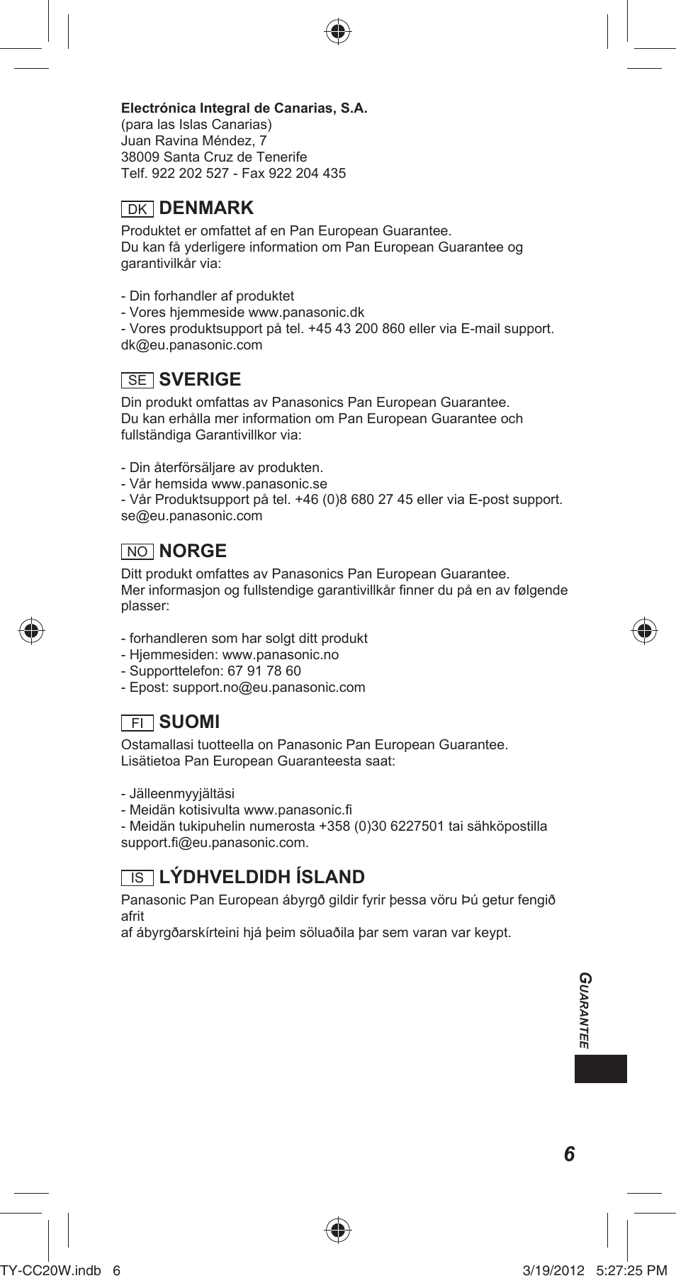 Denmark, Sverige, Norge | Suomi, Lýdhveldidh ísland | Panasonic TYCC20W User Manual | Page 153 / 188