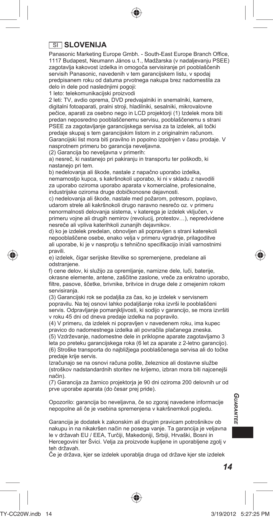 Slovenija | Panasonic TYCC20W User Manual | Page 161 / 188