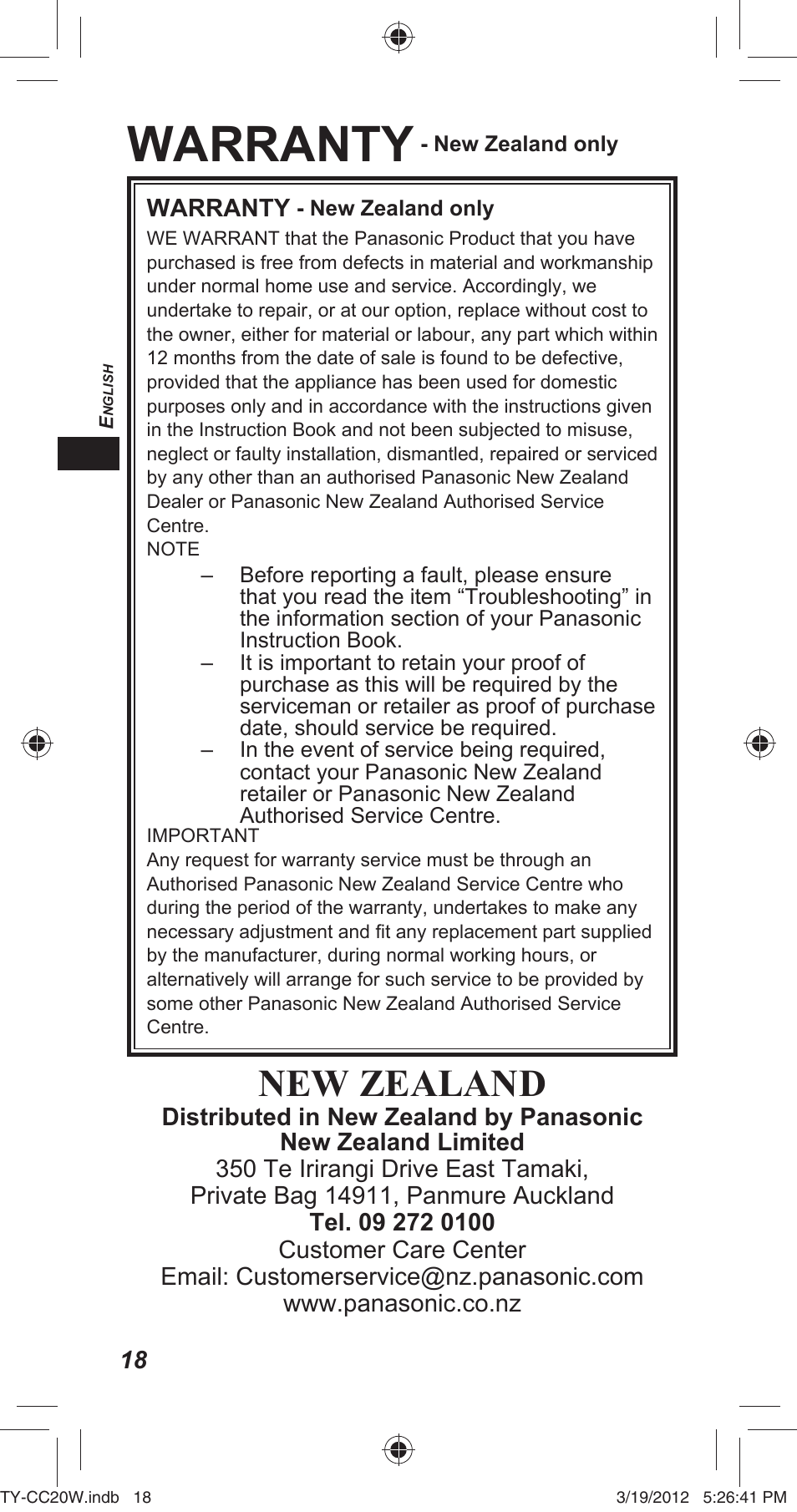 Warranty, New zealand | Panasonic TYCC20W User Manual | Page 18 / 188