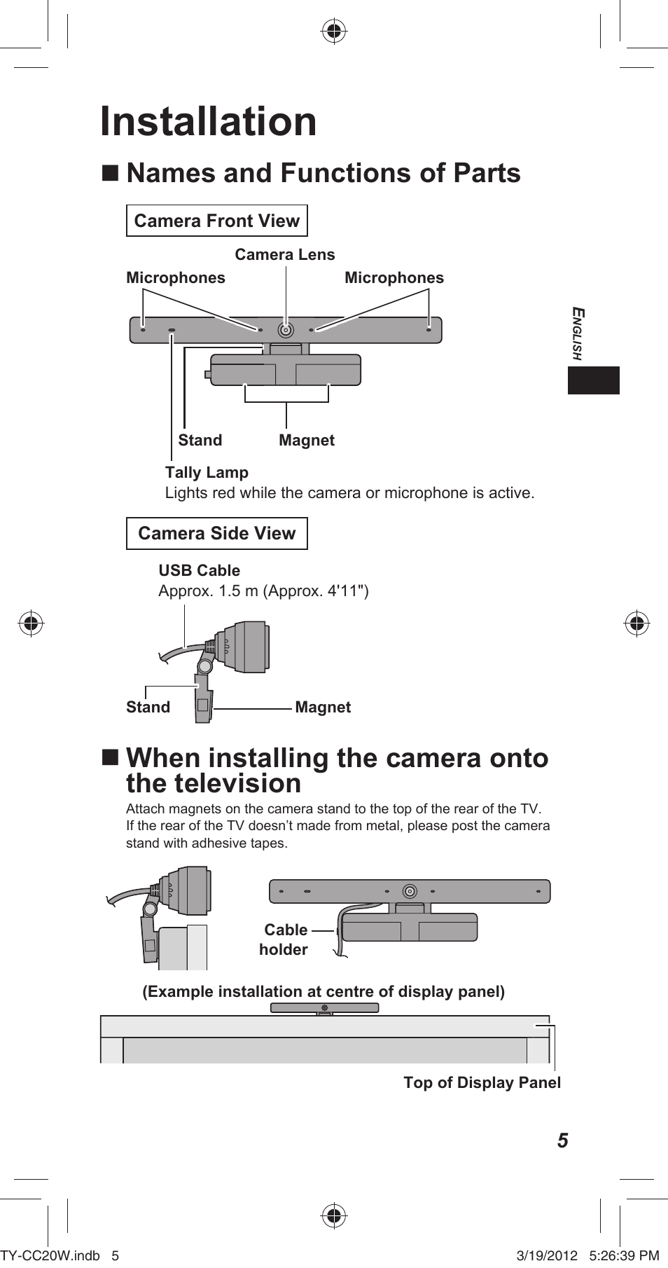 Installation, Names and functions of parts, When installing the camera onto the television | Panasonic TYCC20W User Manual | Page 5 / 188
