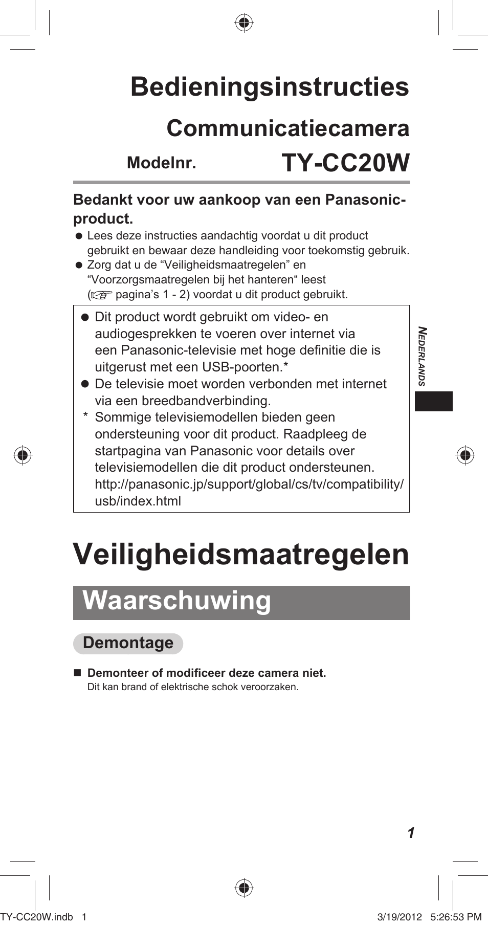 Veiligheidsmaatregelen, Bedieningsinstructies, Waarschuwing | Ty-cc20w, Communicatiecamera, Modelnr, Demontage | Panasonic TYCC20W User Manual | Page 51 / 188
