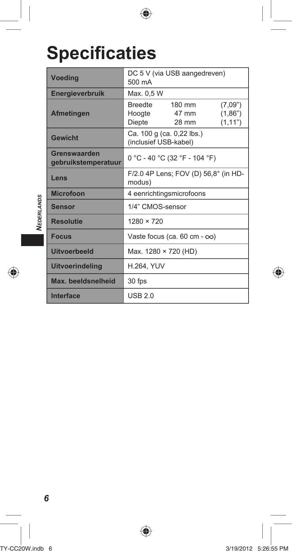 Specifi caties | Panasonic TYCC20W User Manual | Page 56 / 188