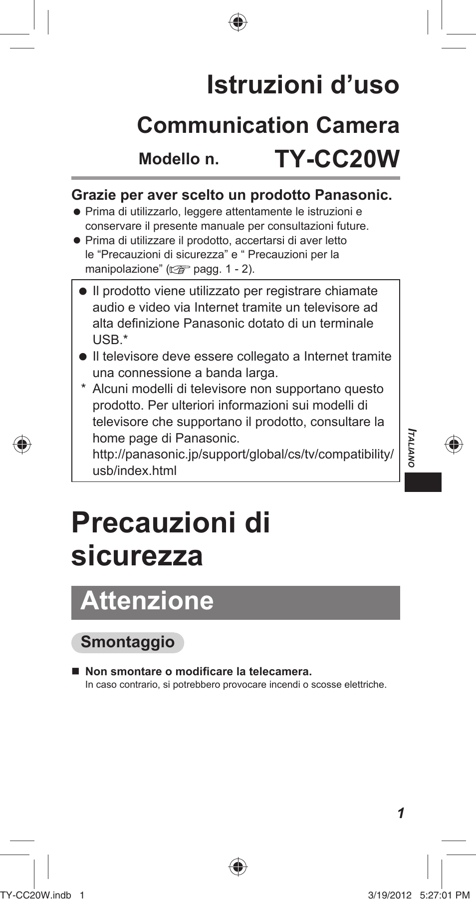 Precauzioni di sicurezza, Istruzioni d’uso, Attenzione | Ty-cc20w, Communication camera | Panasonic TYCC20W User Manual | Page 77 / 188