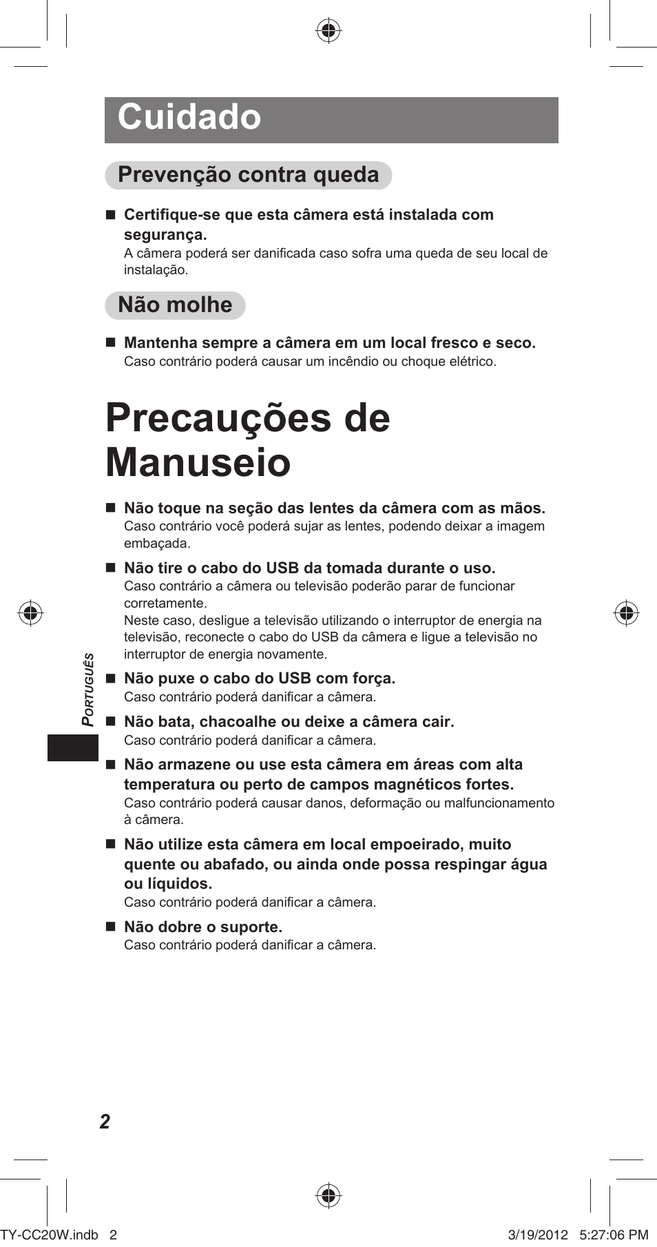 Precauções de manuseio, Cuidado, Prevenção contra queda | Não molhe | Panasonic TYCC20W User Manual | Page 94 / 188