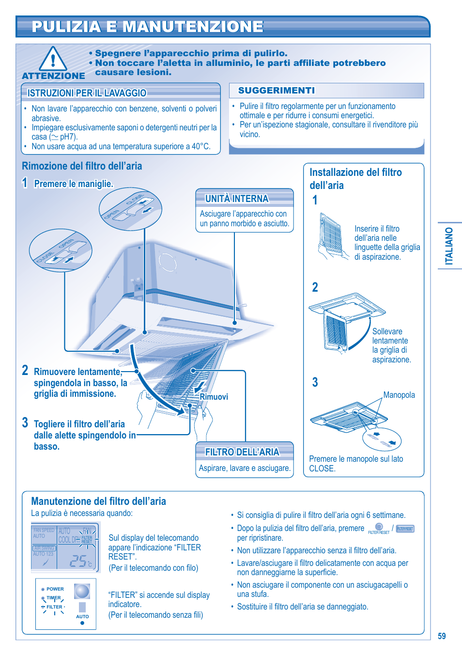 Pulizia e manutenzione, Manutenzione del fi ltro dell’aria | Panasonic U10EA1E User Manual | Page 59 / 112