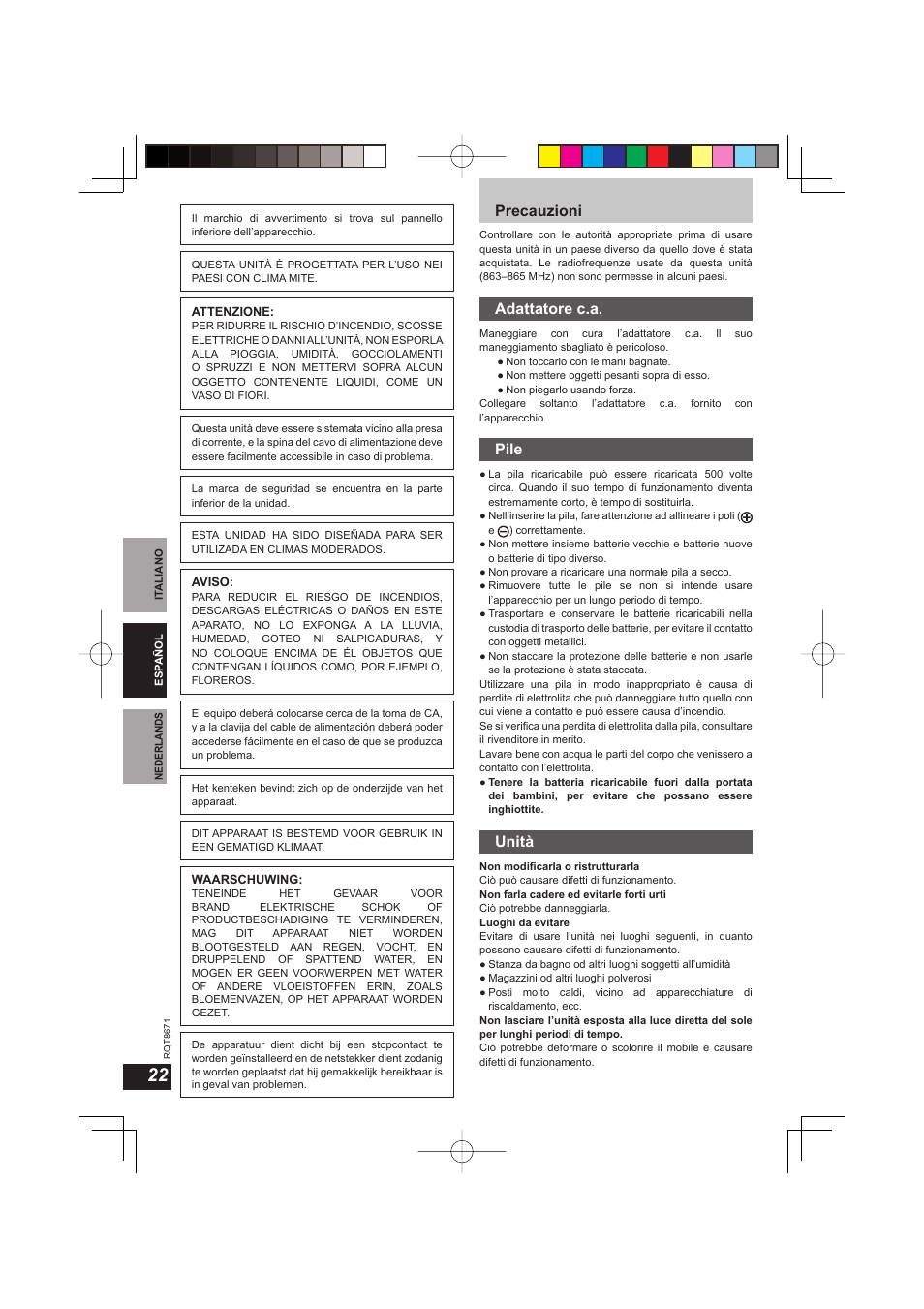 Precauzioni, Adattatore c.a, Pile | Unità | Panasonic RPWF810 User Manual | Page 22 / 76