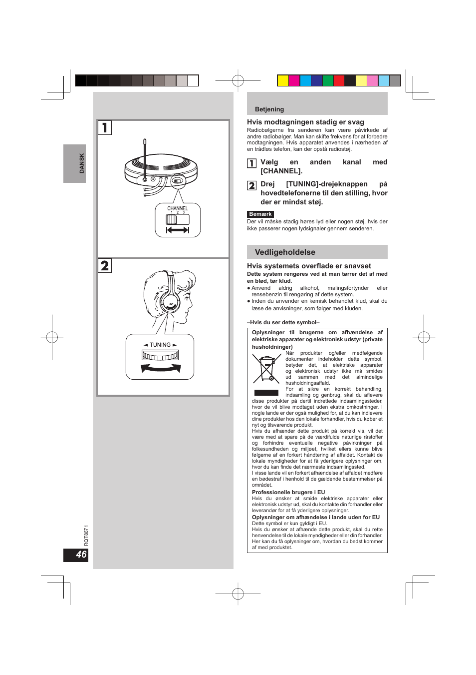 Vedligeholdelse | Panasonic RPWF810 User Manual | Page 46 / 76