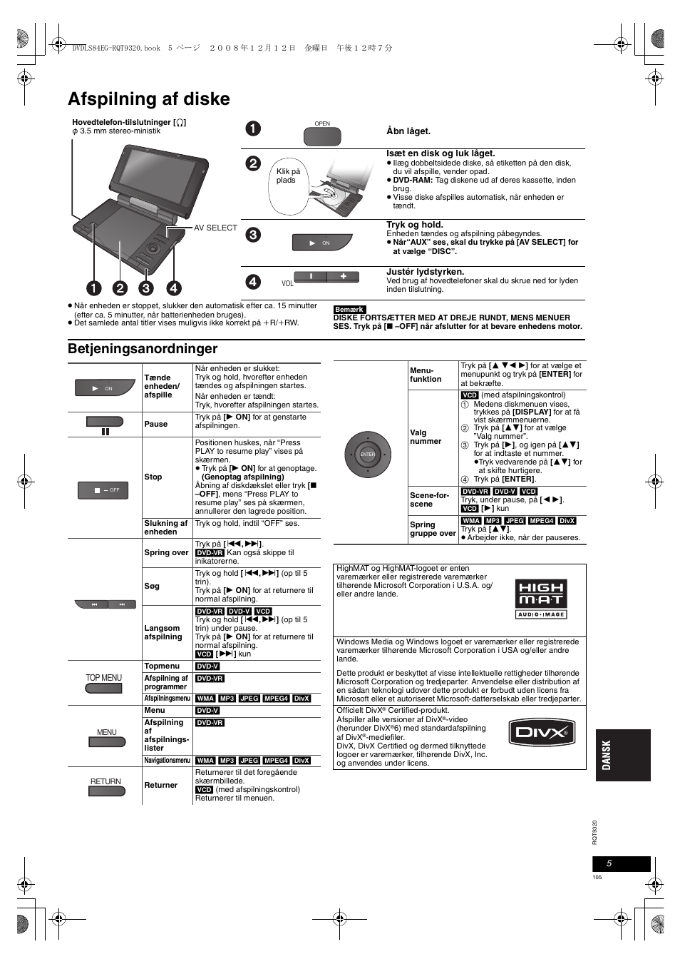 Afspilning af diske, Betjeningsanordninger | Panasonic DVDLS84 User Manual | Page 105 / 108