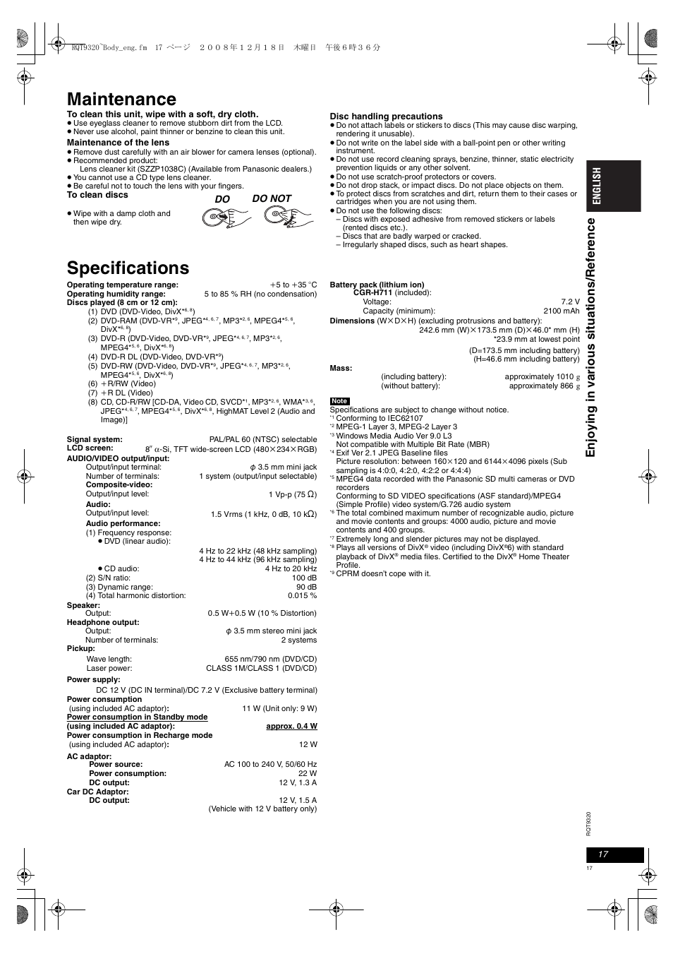 Maintenance, Specifications | Panasonic DVDLS84 User Manual | Page 17 / 108