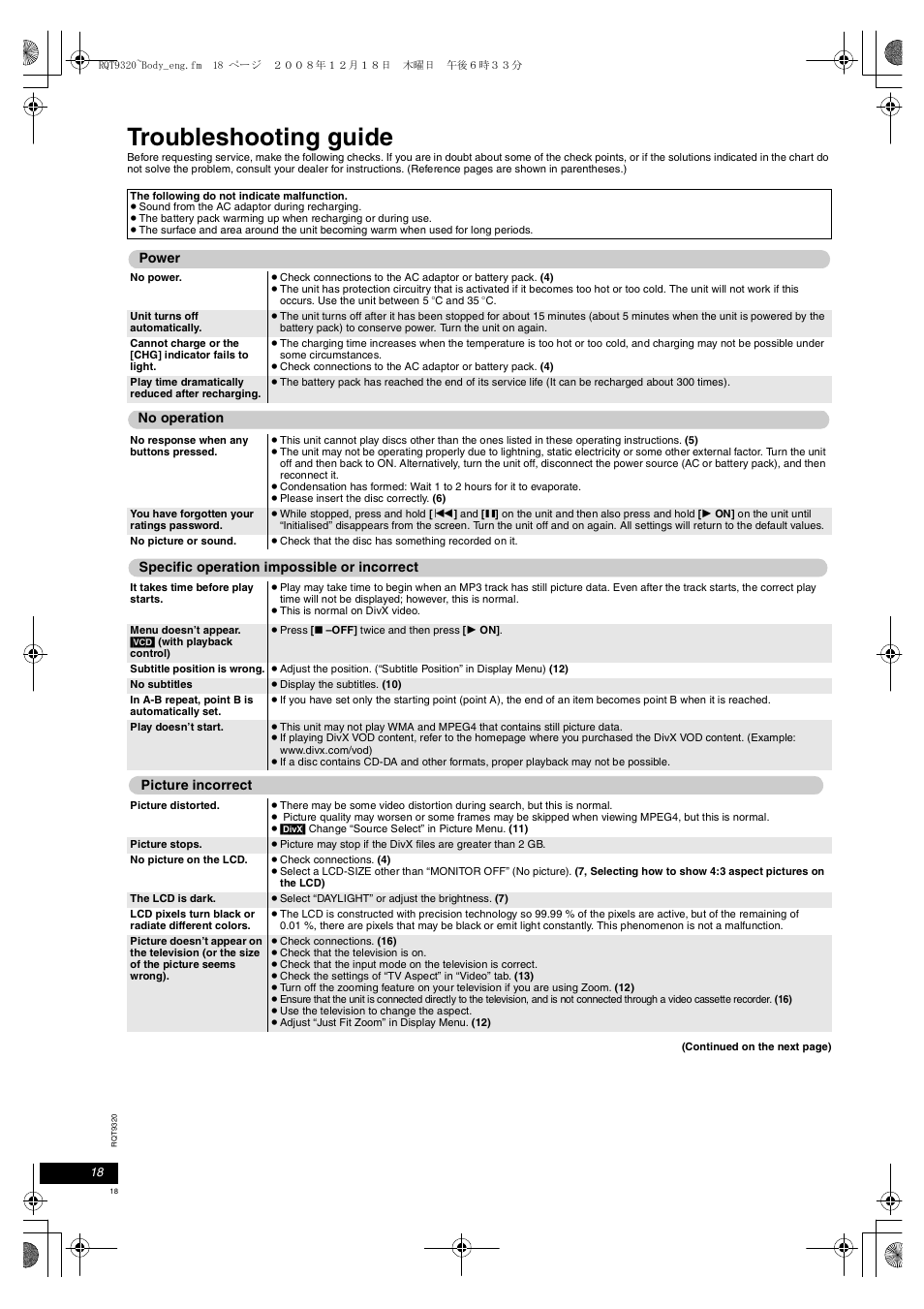 Troubleshooting guide | Panasonic DVDLS84 User Manual | Page 18 / 108