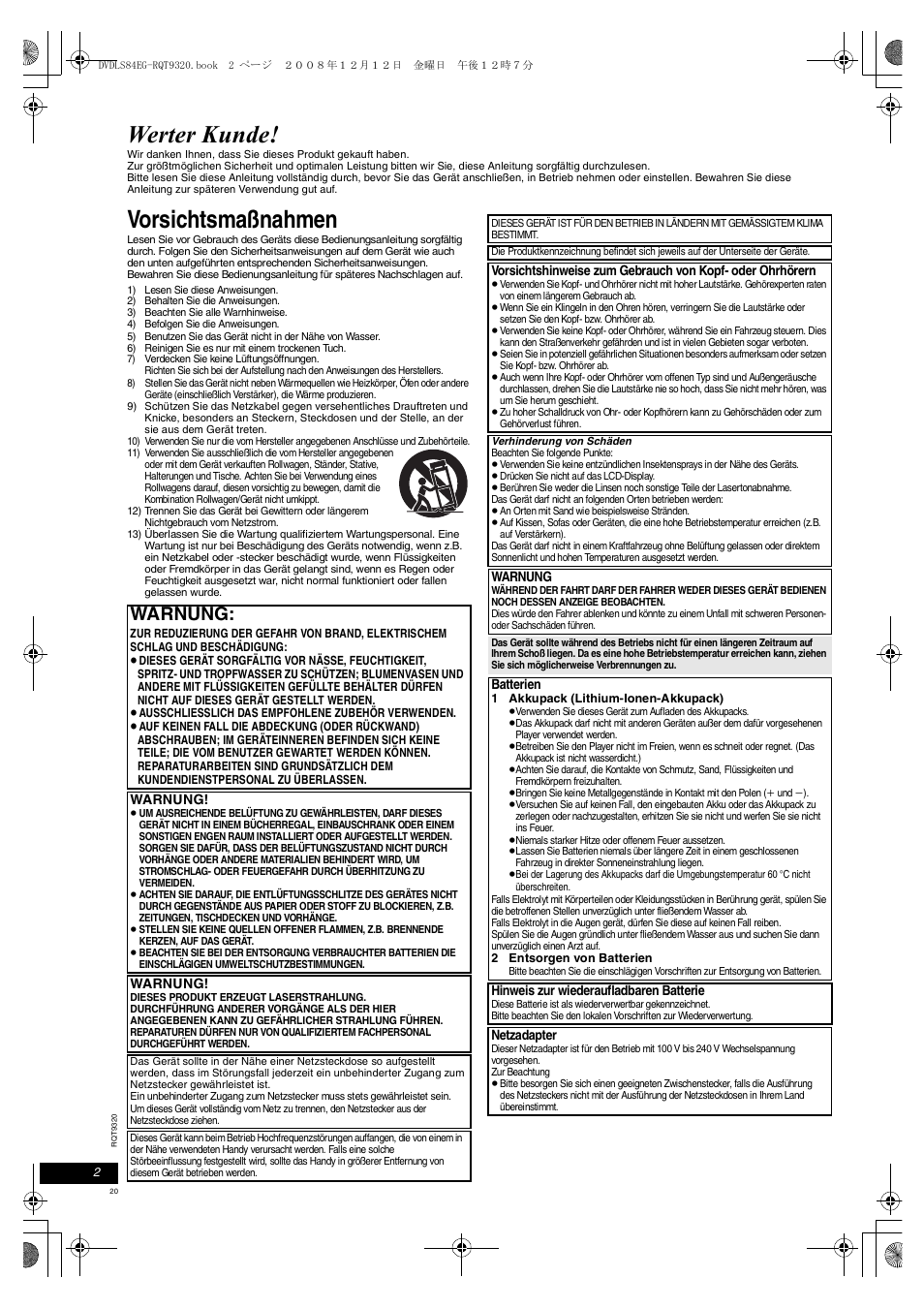 Werter kunde, Vorsichtsmaßnahmen, Warnung | Panasonic DVDLS84 User Manual | Page 20 / 108