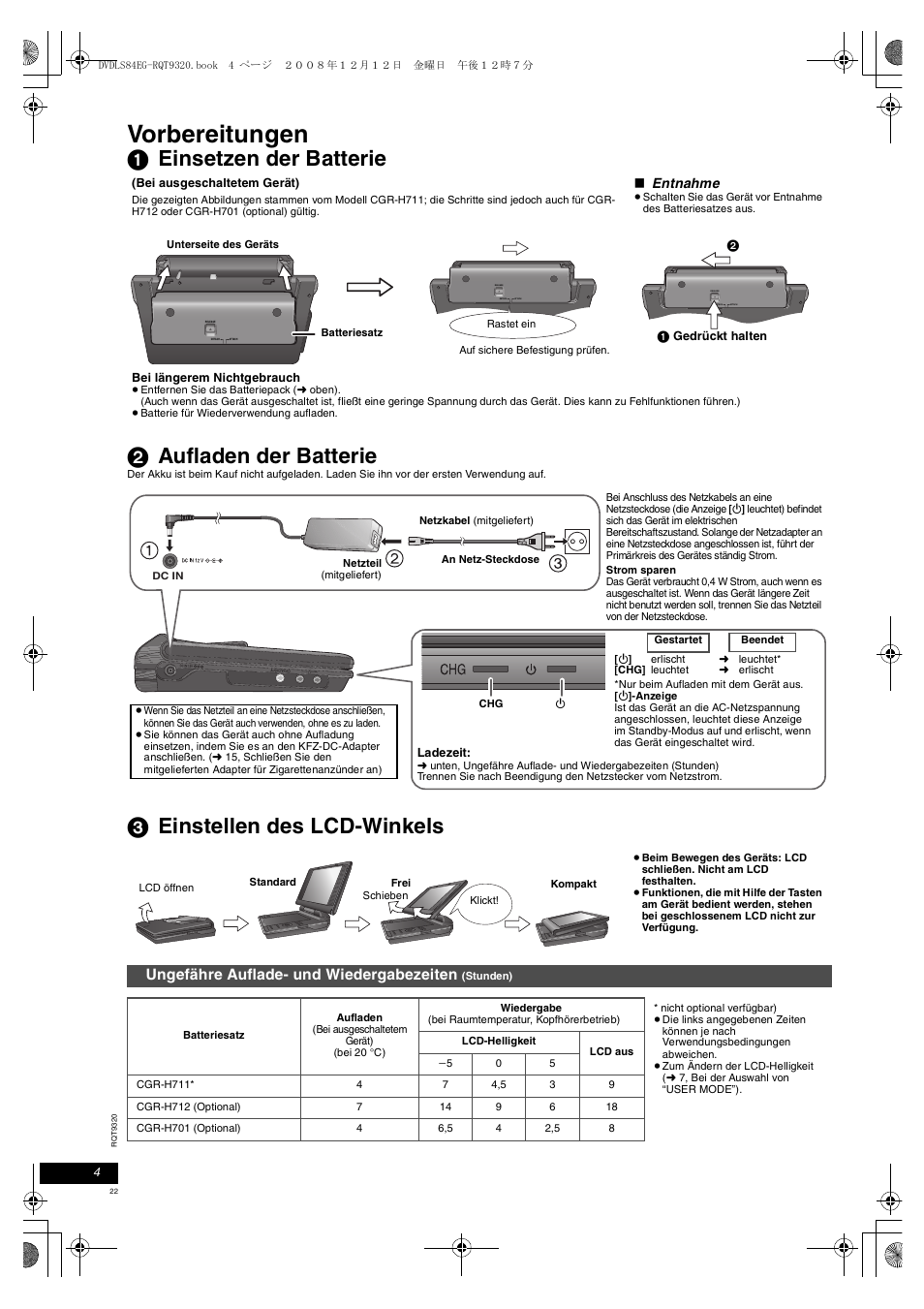 Vorbereitungen, 1 einsetzen der batterie 2 aufladen der batterie, 3 einstellen des lcd-winkels | Ungefähre auflade- und wiedergabezeiten, Entnahme | Panasonic DVDLS84 User Manual | Page 22 / 108