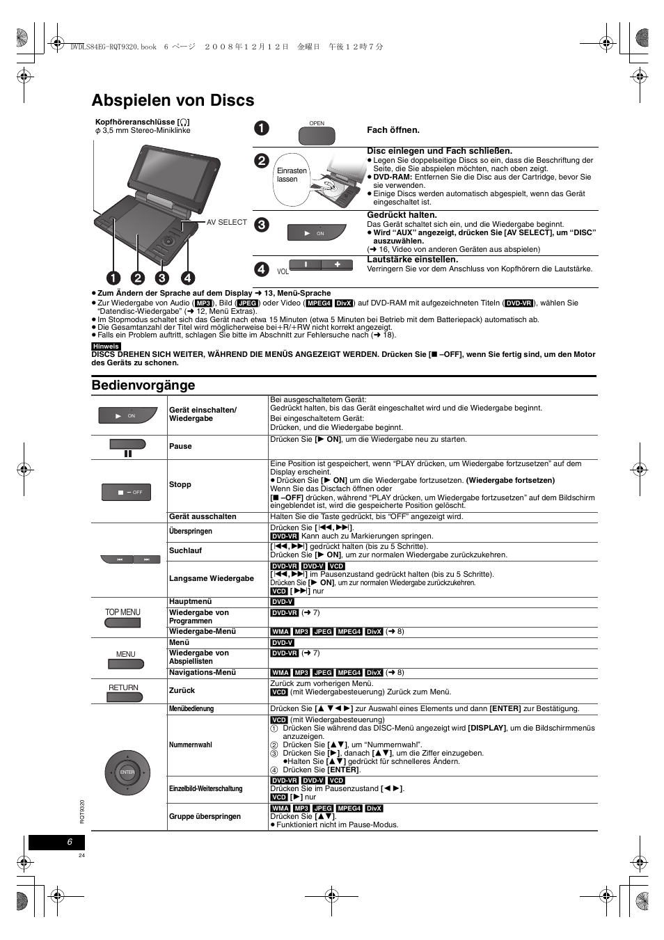 Abspielen von discs, Bedienvorgänge | Panasonic DVDLS84 User Manual | Page 24 / 108