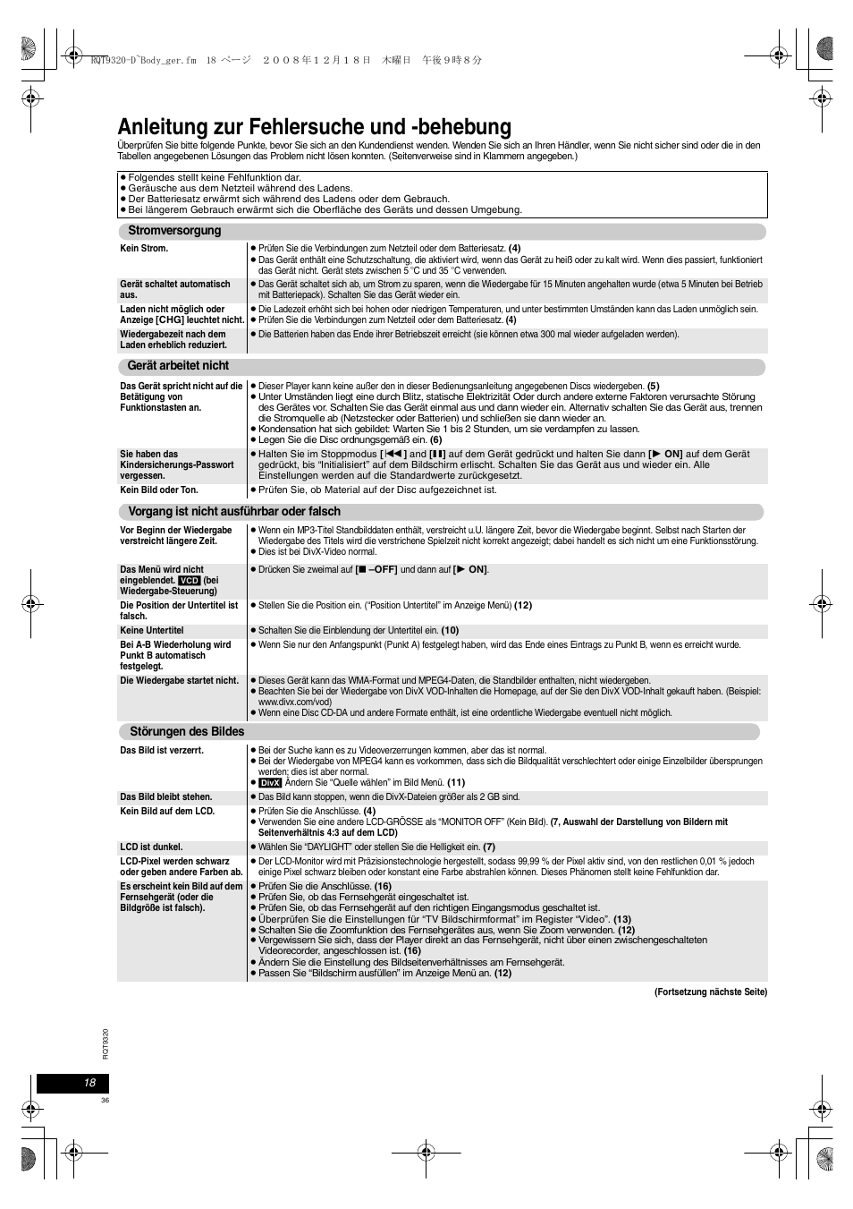 Anleitung zur fehlersuche und -behebung | Panasonic DVDLS84 User Manual | Page 36 / 108