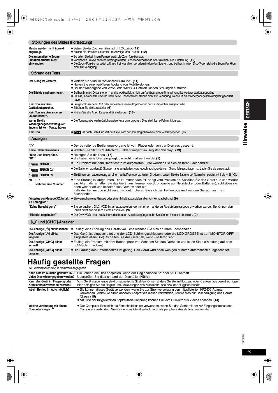 Häufig gestellte fragen, Hin w ei se | Panasonic DVDLS84 User Manual | Page 37 / 108