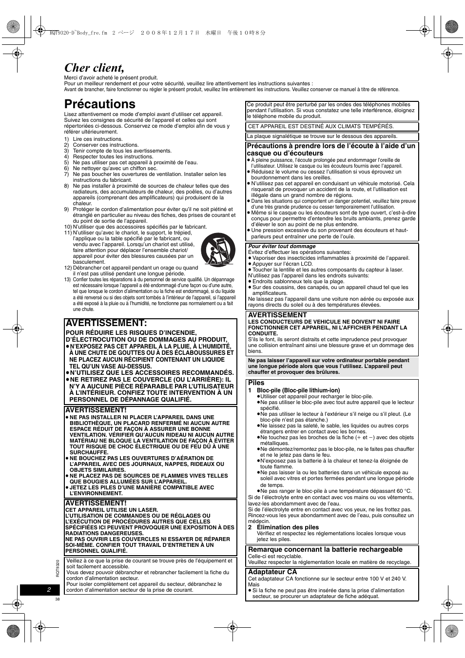 Cher client, Précautions, Avertissement | Panasonic DVDLS84 User Manual | Page 38 / 108