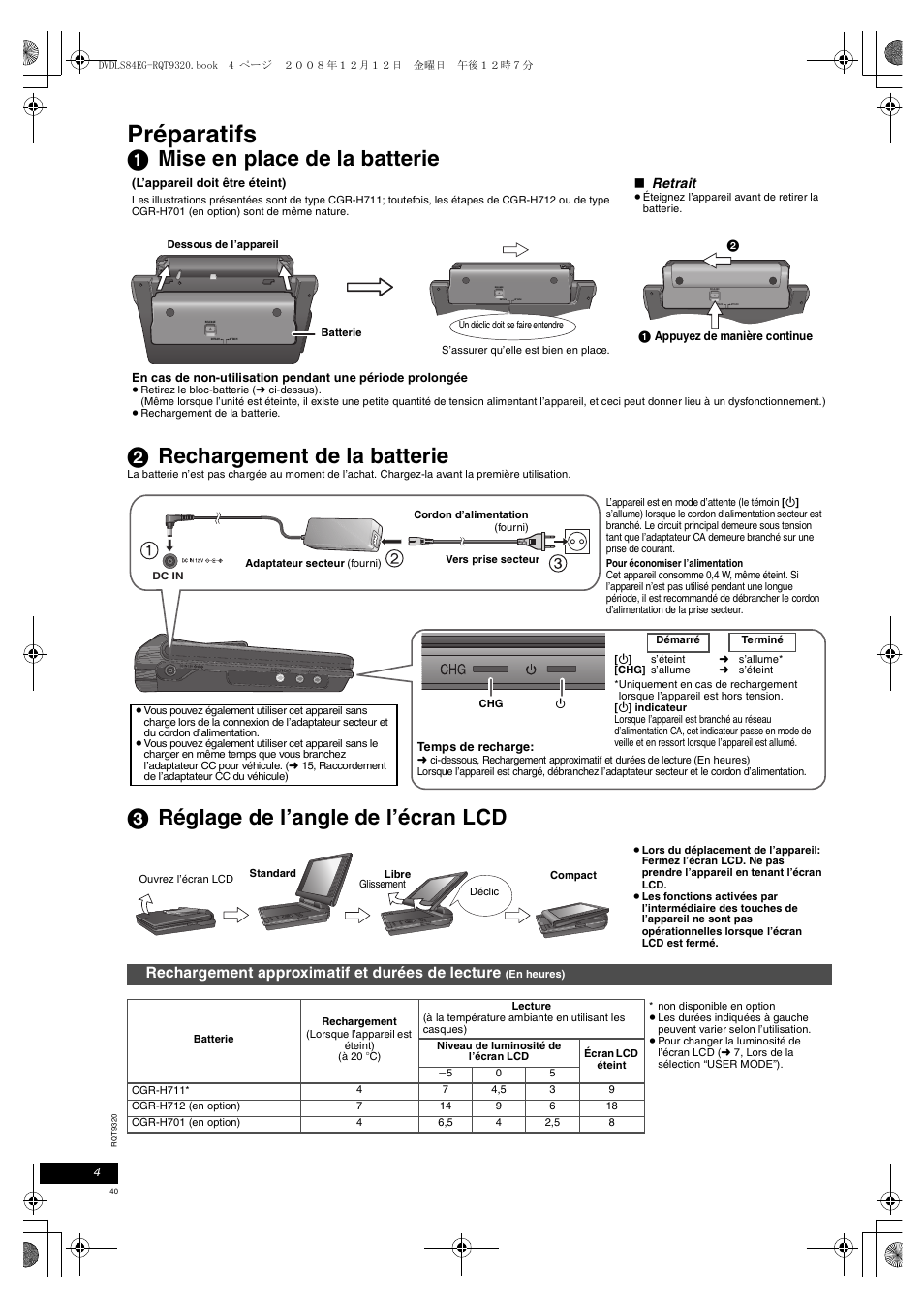 Préparatifs, 3 réglage de l’angle de l’écran lcd, Rechargement approximatif et durées de lecture | Retrait | Panasonic DVDLS84 User Manual | Page 40 / 108