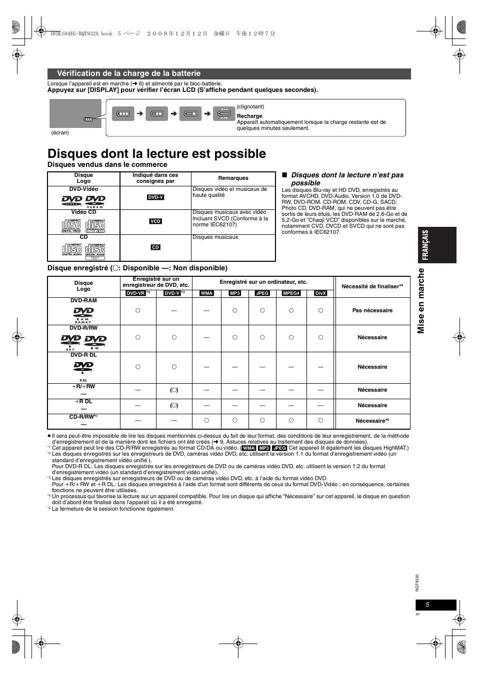 Disques dont la lecture est possible, Vérification de la charge de la batterie | Panasonic DVDLS84 User Manual | Page 41 / 108