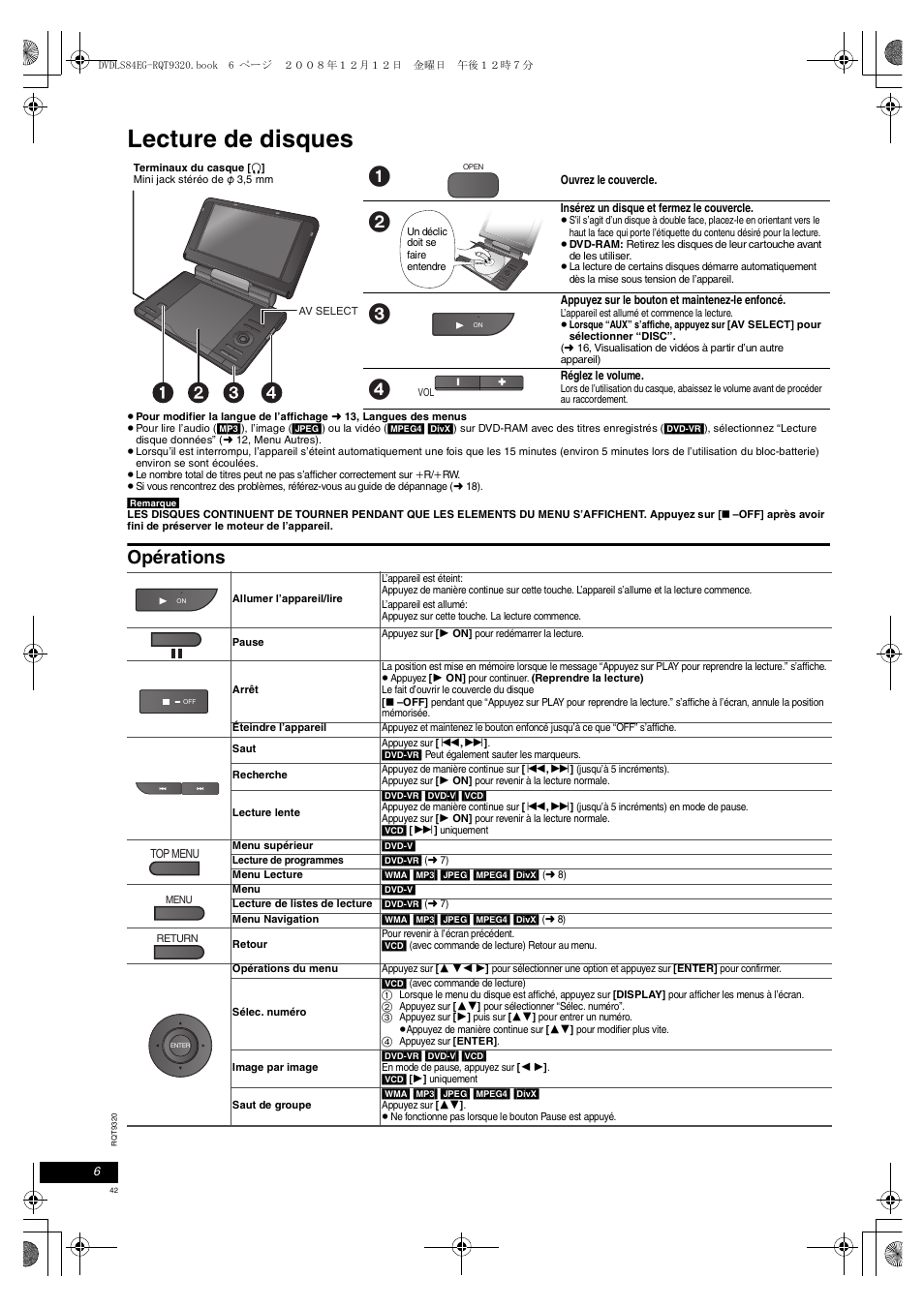 Lecture de disques, Opérations | Panasonic DVDLS84 User Manual | Page 42 / 108