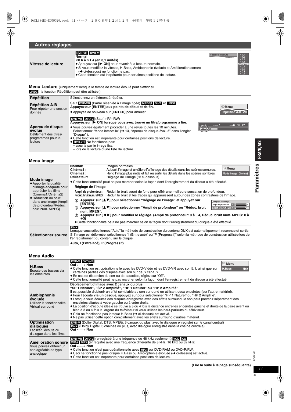 Pa ra m è tr e s, Autres réglages | Panasonic DVDLS84 User Manual | Page 47 / 108