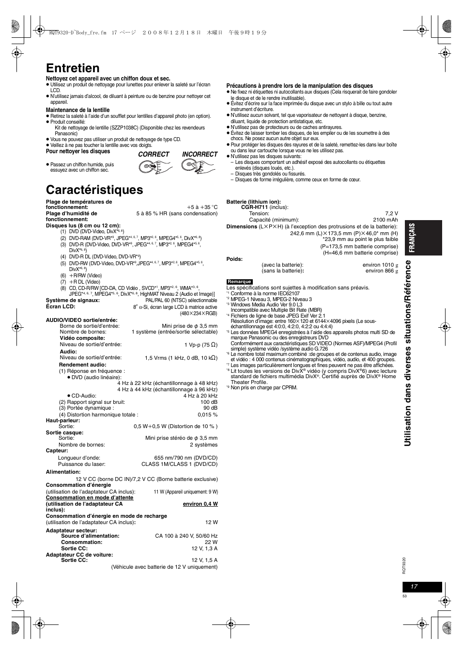 Entretien, Caractéristiques | Panasonic DVDLS84 User Manual | Page 53 / 108