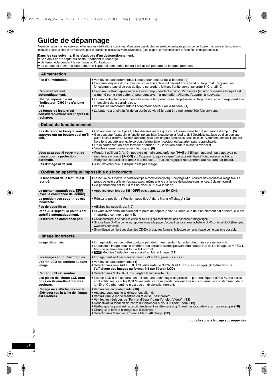 Guide de dépannage | Panasonic DVDLS84 User Manual | Page 54 / 108