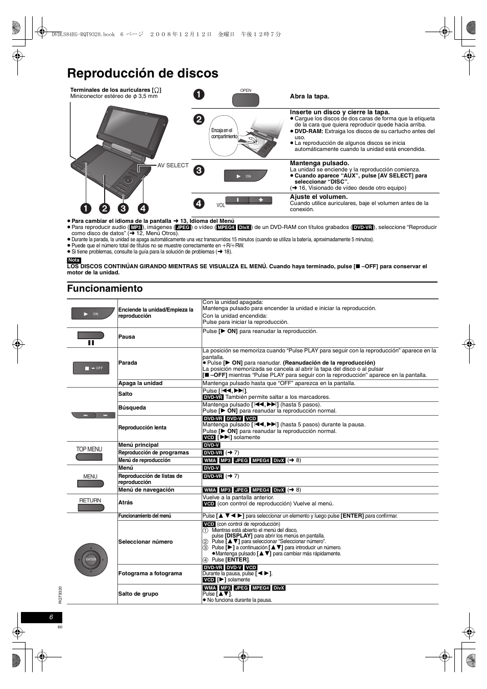 Reproducción de discos, Funcionamiento | Panasonic DVDLS84 User Manual | Page 60 / 108