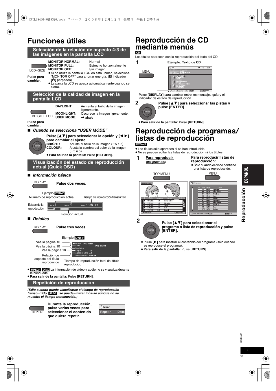 Funciones útiles, Reproducción de cd mediante menús, Reproducción de programas / listas de reproducción | Re pr oduc c ión, Repetición de reproducción, Cuando se selecciona “user mode, Información básica, Detalles | Panasonic DVDLS84 User Manual | Page 61 / 108