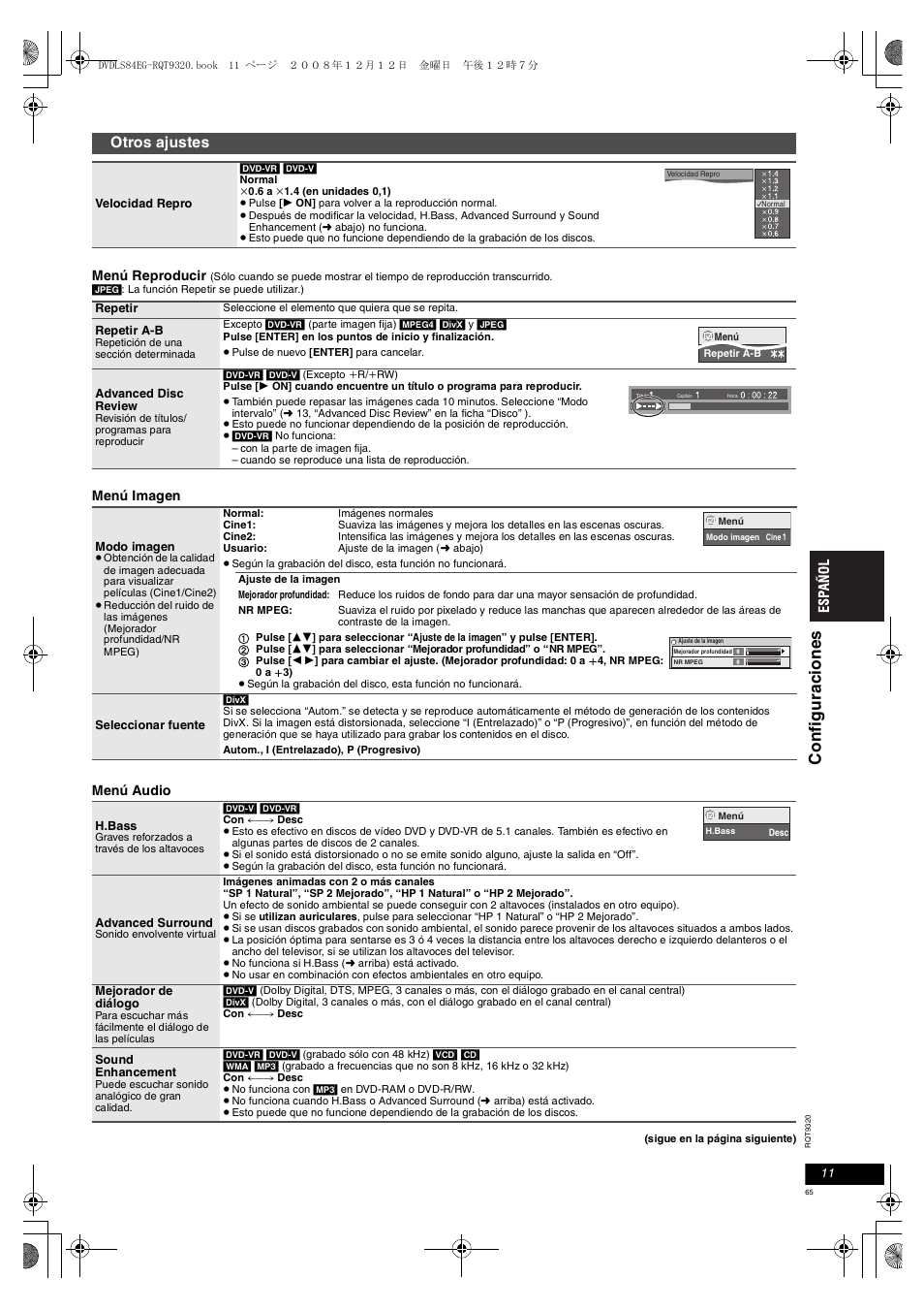 Conf igura c ione s, Otros ajustes | Panasonic DVDLS84 User Manual | Page 65 / 108