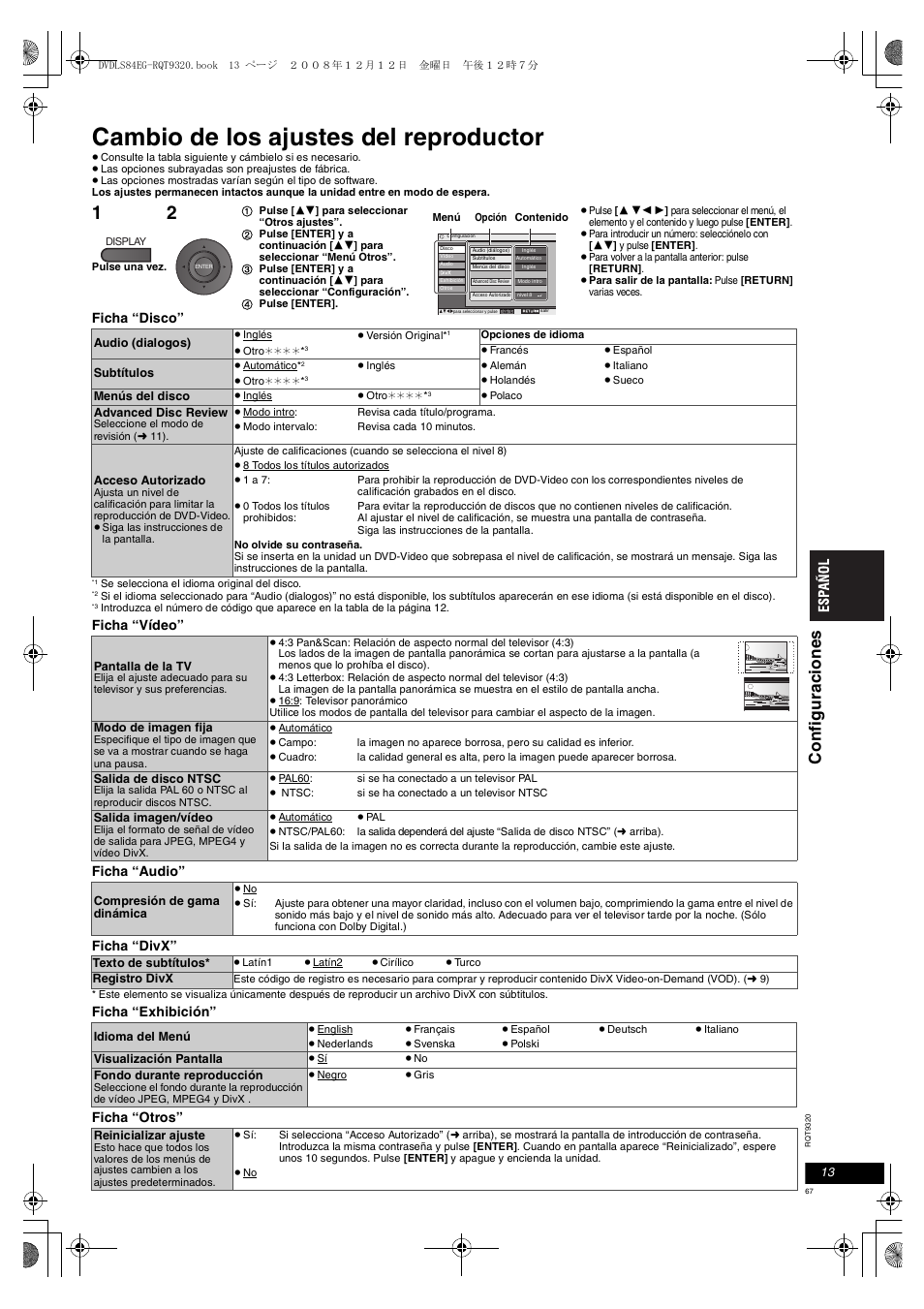 Cambio de los ajustes del reproductor, Conf igura c ione s, Ficha “disco | Ficha “vídeo” ficha “audio” ficha “divx, Ficha “exhibición” ficha “otros | Panasonic DVDLS84 User Manual | Page 67 / 108