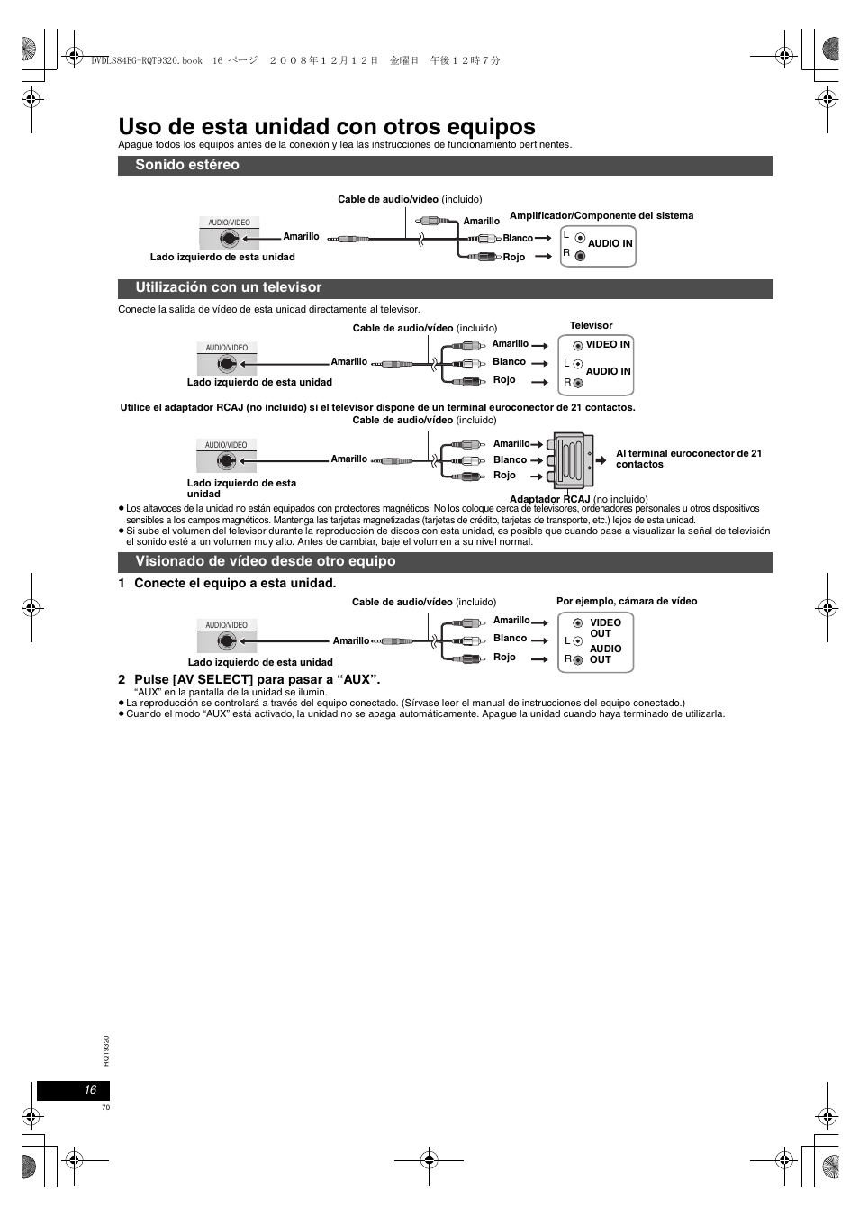 Uso de esta unidad con otros equipos | Panasonic DVDLS84 User Manual | Page 70 / 108