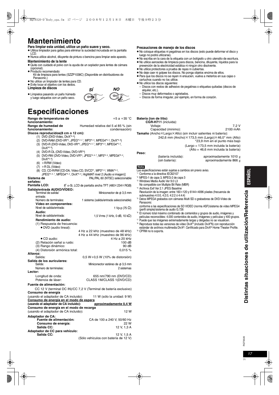 Mantenimiento, Especificaciones | Panasonic DVDLS84 User Manual | Page 71 / 108