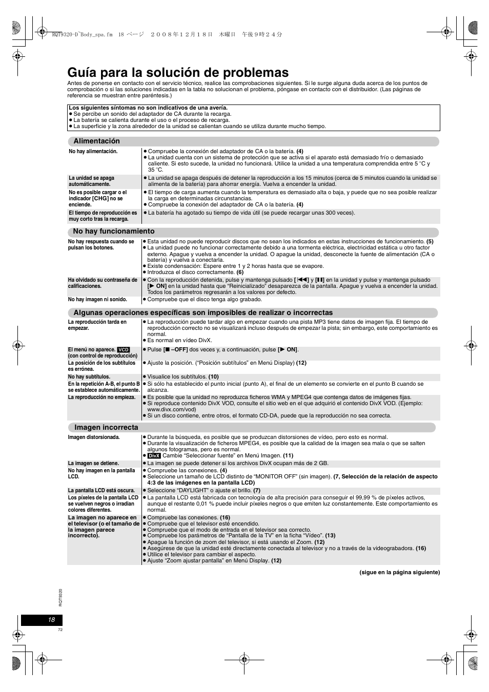 Guía para la solución de problemas | Panasonic DVDLS84 User Manual | Page 72 / 108