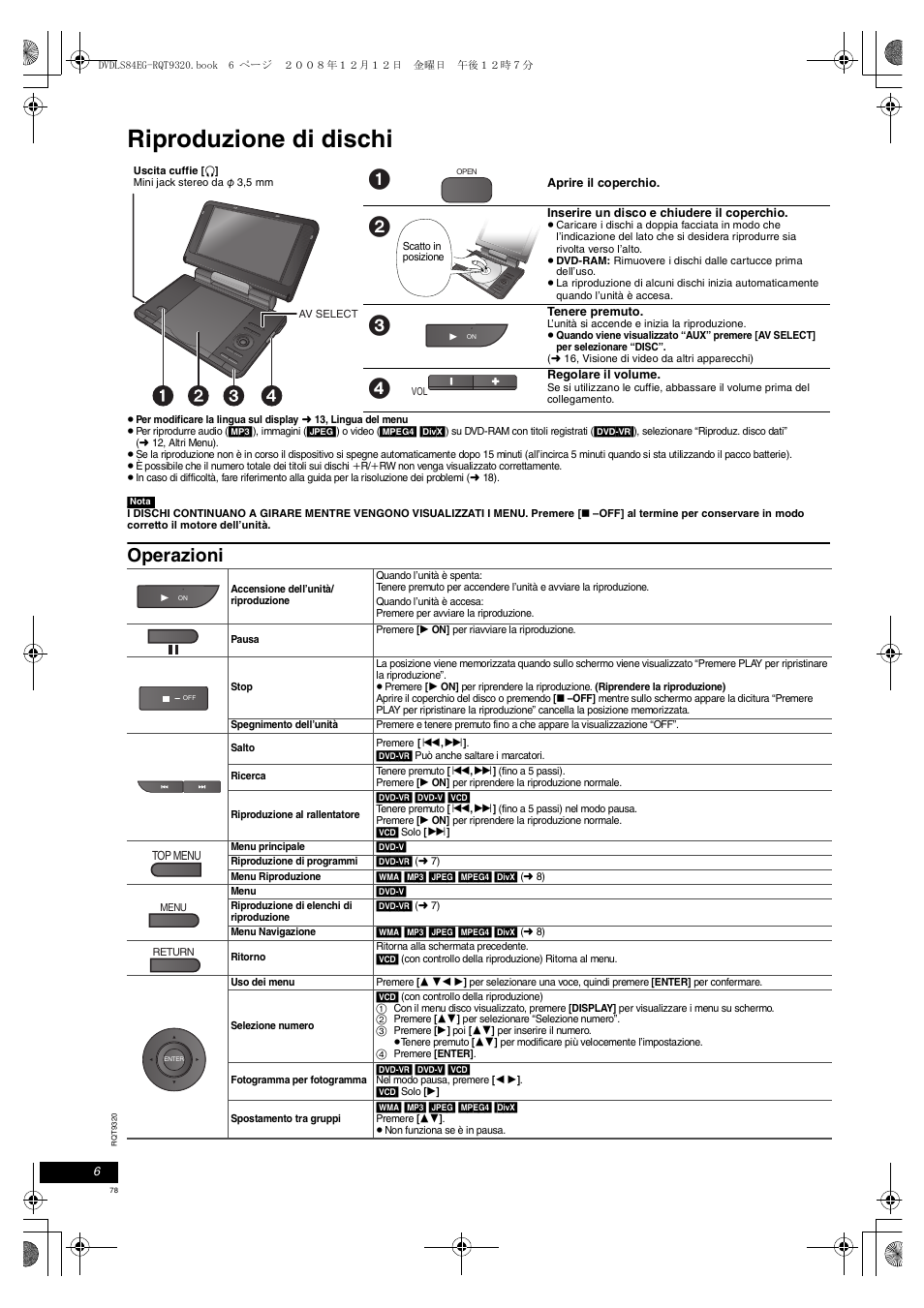 Riproduzione di dischi, Operazioni | Panasonic DVDLS84 User Manual | Page 78 / 108