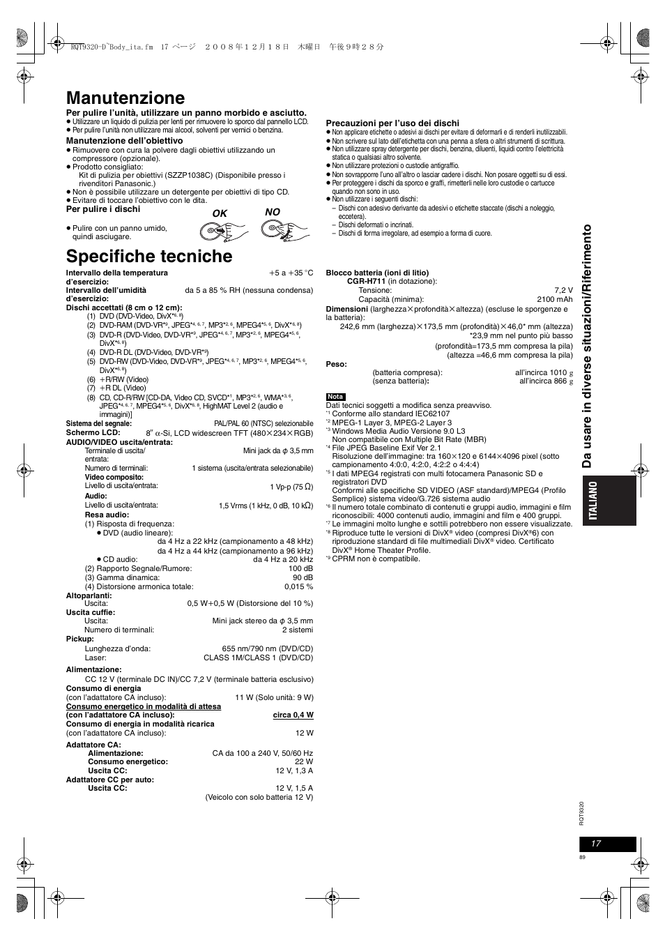 Manutenzione, Specifiche tecniche | Panasonic DVDLS84 User Manual | Page 89 / 108