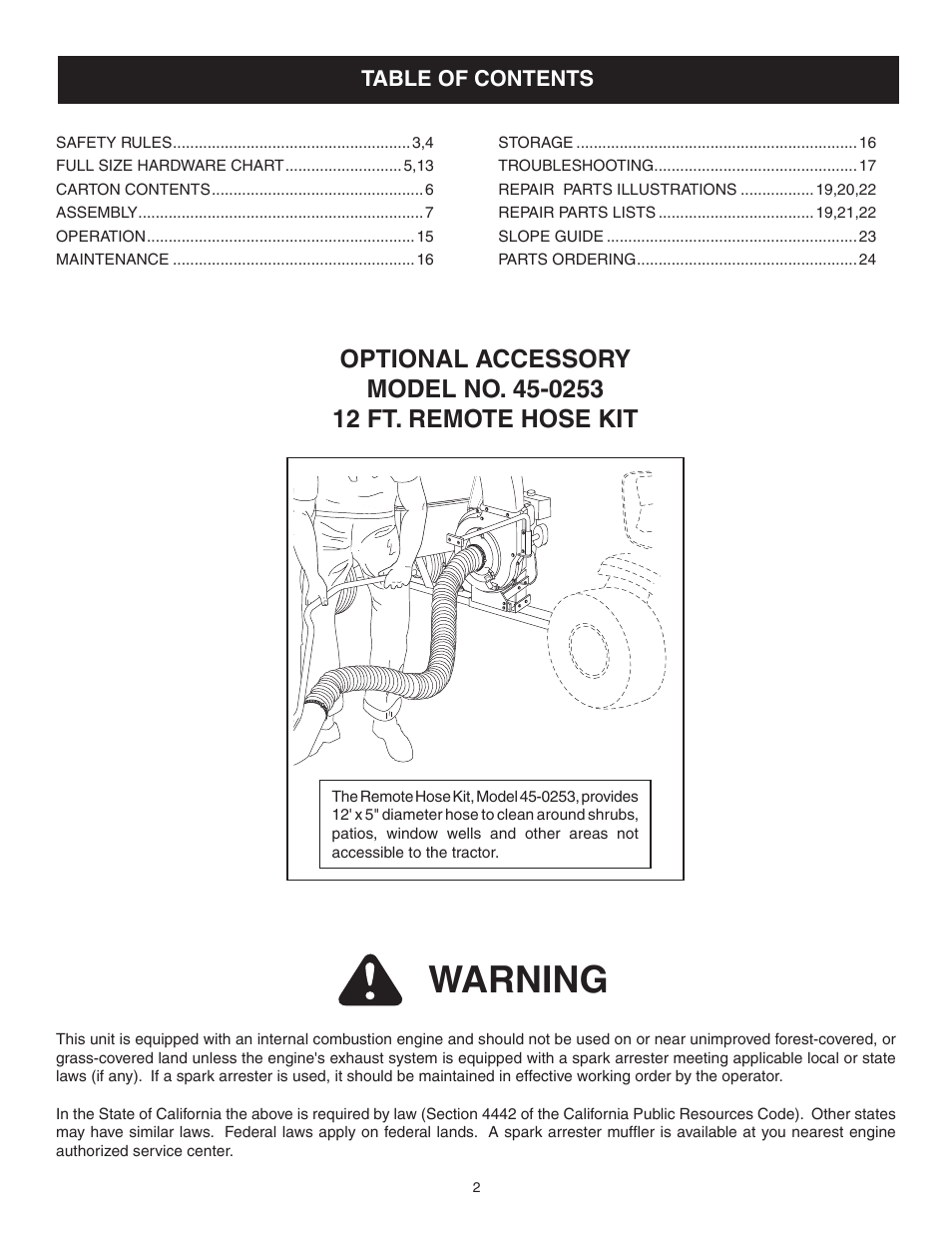 Warning | Agri-Fab 62468 User Manual | Page 2 / 24