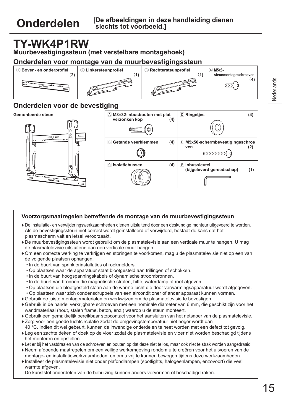 Onderdelen, Ty-wk4p1rw, Onderdelen voor de bevestiging | Panasonic TYWK4P1RW User Manual | Page 15 / 84