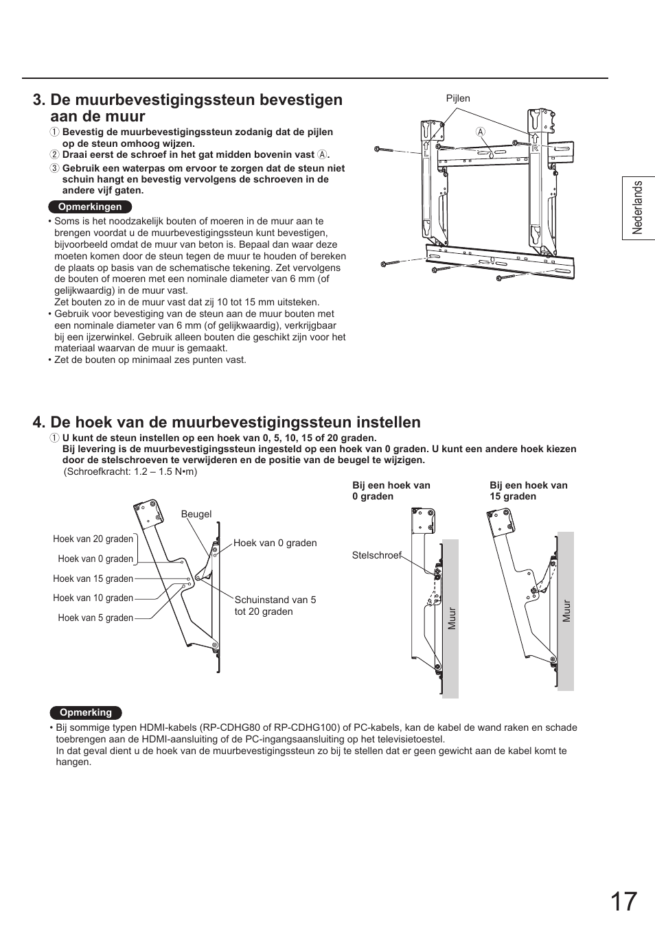 De muurbevestigingssteun bevestigen aan de muur, De hoek van de muurbevestigingssteun instellen, Nederlands | Panasonic TYWK4P1RW User Manual | Page 17 / 84