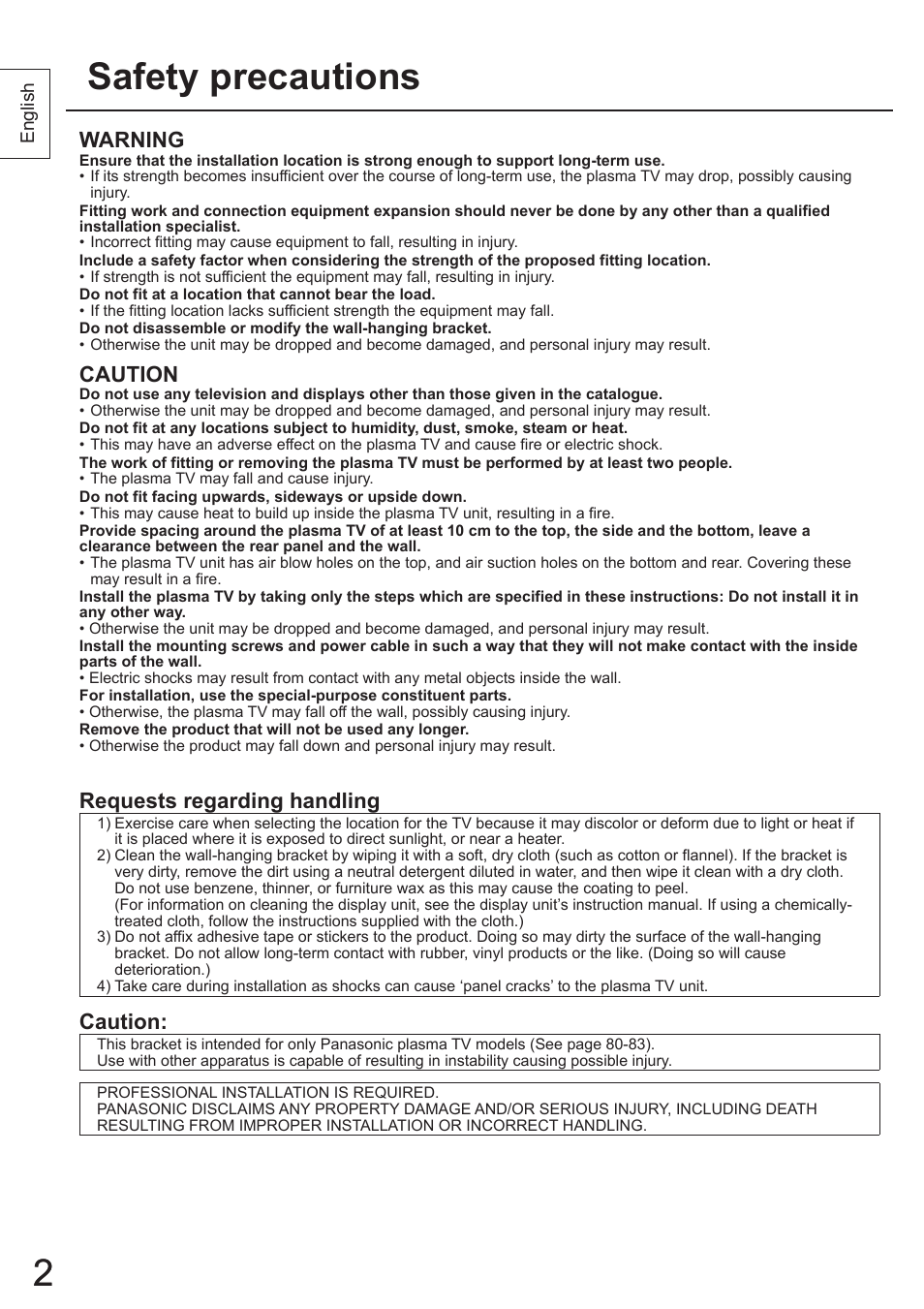 2safety precautions 2, Warning, Caution | Requests regarding handling | Panasonic TYWK4P1RW User Manual | Page 2 / 84