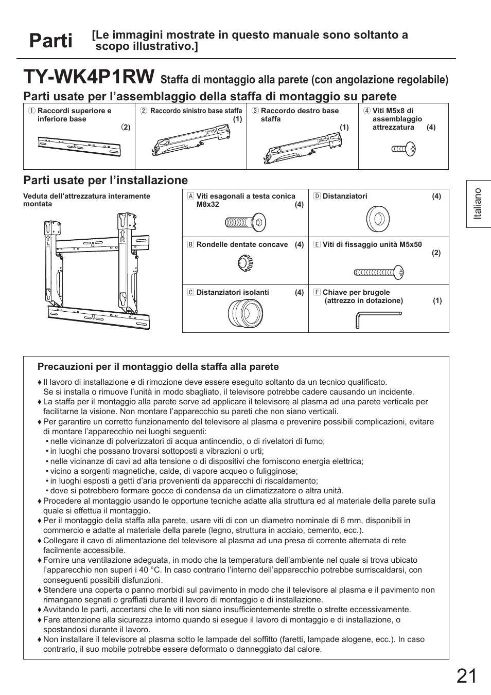 Parti, Ty-wk4p1rw, Parti usate per l’installazione | Panasonic TYWK4P1RW User Manual | Page 21 / 84