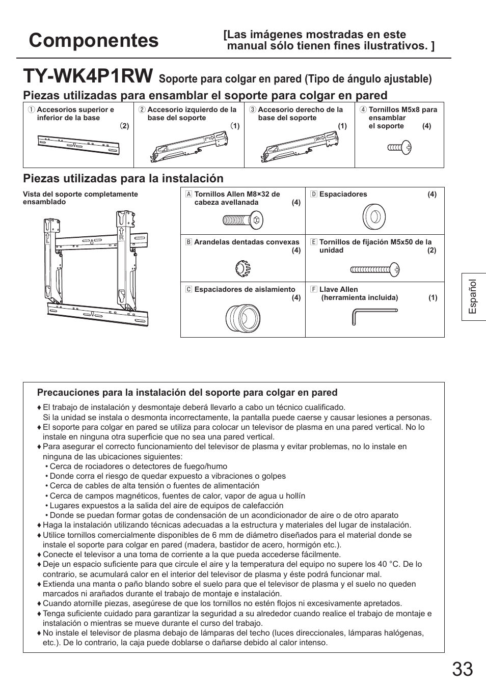 Componentes, Ty-wk4p1rw, Piezas utilizadas para la instalación | Panasonic TYWK4P1RW User Manual | Page 33 / 84