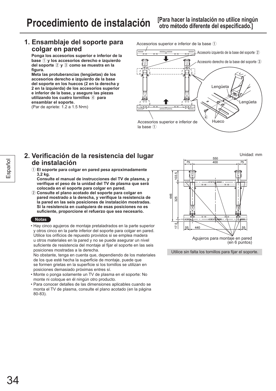 Procedimiento de instalación, Ensamblaje del soporte para colgar en pared, Español | Panasonic TYWK4P1RW User Manual | Page 34 / 84
