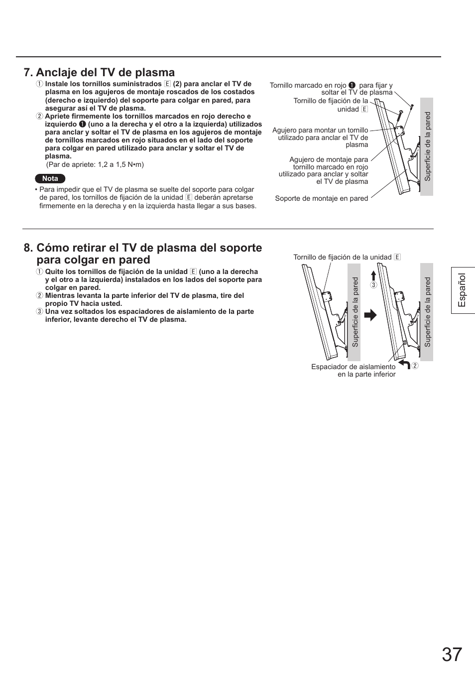 Anclaje del tv de plasma, Español | Panasonic TYWK4P1RW User Manual | Page 37 / 84