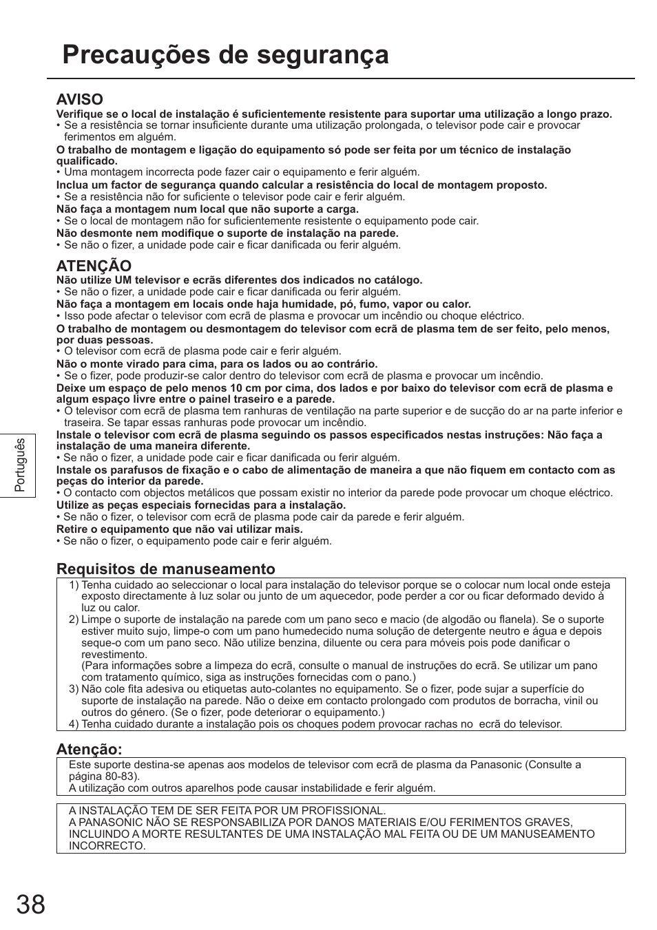 Precauções de segurança, Aviso, Atenção | Requisitos de manuseamento | Panasonic TYWK4P1RW User Manual | Page 38 / 84