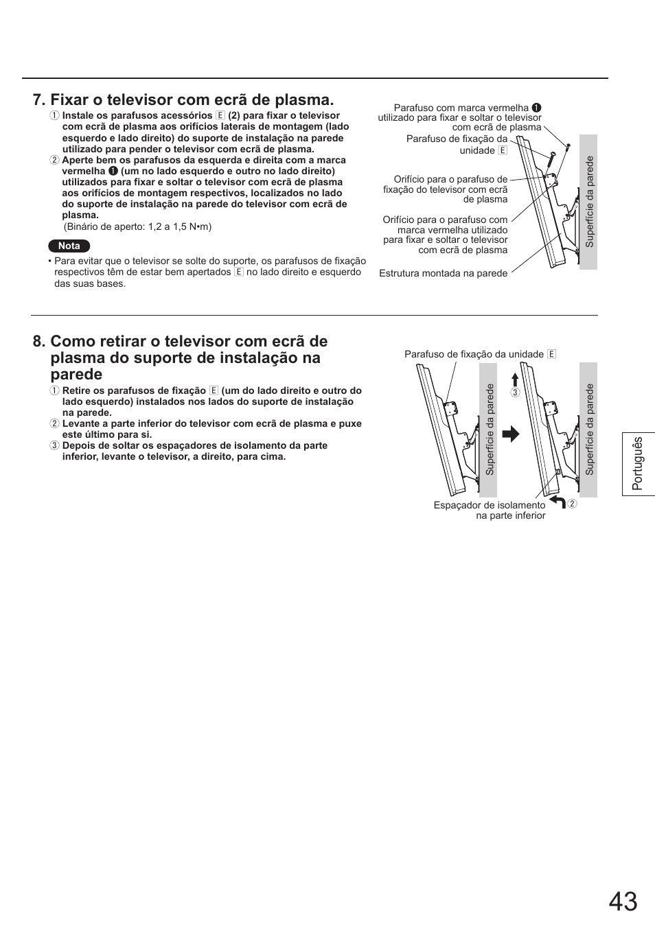 Fixar o televisor com ecrã de plasma, Português | Panasonic TYWK4P1RW User Manual | Page 43 / 84